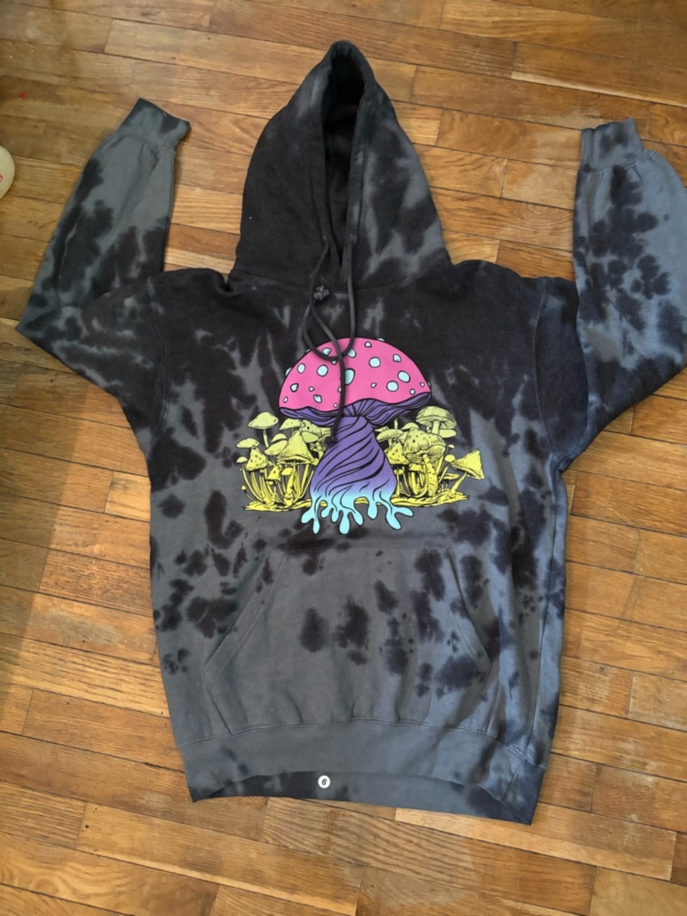 Tie-Dye Black Hoodie with Psychedelic Mushroom Graphic